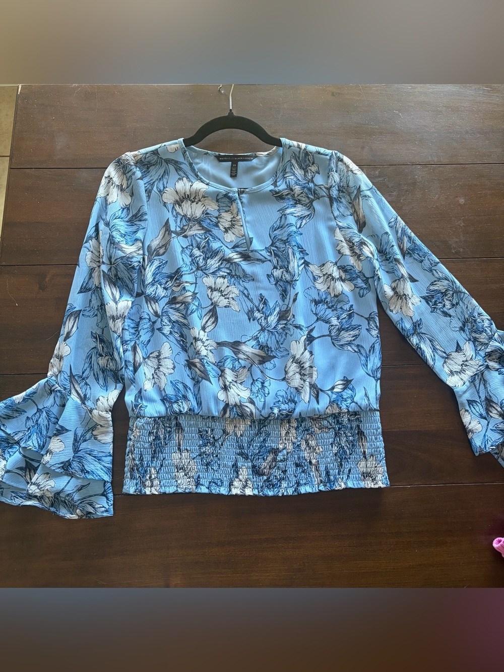White House Black Market Sky Blue Floral Long-Sleeve Smocked Waist Top